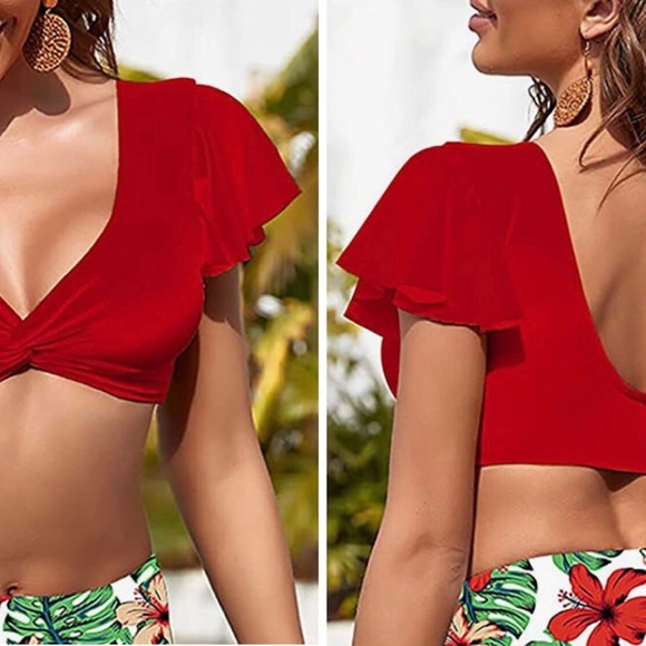 Red V-Neck Ruffle Sleeve Bikini (Top Only) Push Up SIZE XL Flounce - Picture 3 of 7